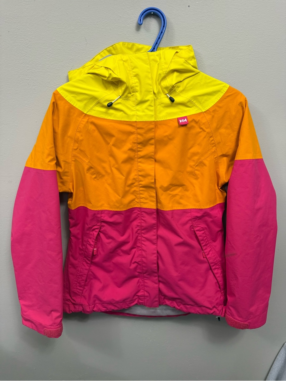 Helly Hansen Womens Colorblock Rain Jacket - Yellow/Orange/Pink Small FLAWED